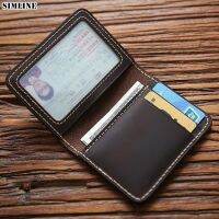 【Layor shop】 SIMLINE ที่ใส่บัตรเครดิตหนังแท้สำหรับผู้ชาย Vintage Short Handmade Bifold Slim Small Man Wallet Purse Driver License Case