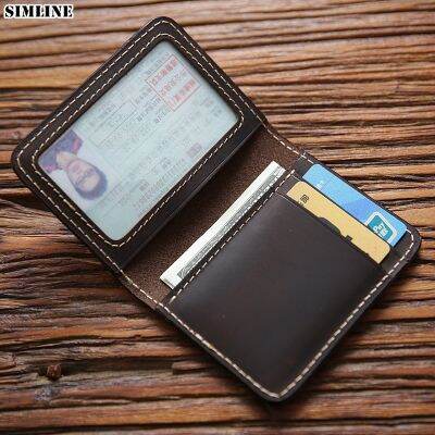 （Layor wallet）  SIMLINE ที่ใส่บัตรเครดิตหนังแท้สำหรับผู้ชาย Vintage Short Handmade Bifold Slim Small Man Wallet Purse Driver License Case