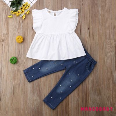 ☞MG-Toddler Kids Baby Girl 100 Cotton Top T-shirt Denim Pearl Pants Outfits