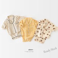 【Ready Stock】 ☄▩✿ C22 Childrens long-sleeved pajamas suit autumn boys and girls cartoon dot plaid long-sleeved home wear two-piece suit