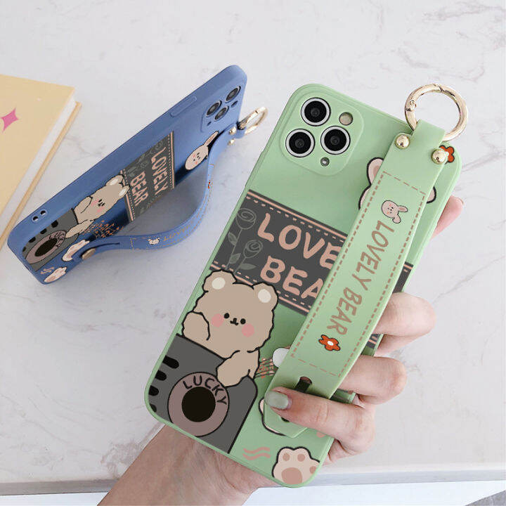 เคส-ggk-สำหรับ-oppo-reno10-pro-5g-พร้อมสายรัดข้อมือเคสโทรศัพท์ลายการ์ตูนหมีน่ารักขอบสี่เหลี่ยมของเหลวปลอกซิลิโคนคลุมทั้งหมดกล้องเคสป้องกันการกระแทก