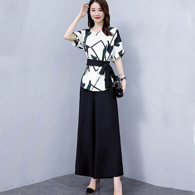 ชุดกางเกงขากว้างพิมพ์ลายผู้หญิง 2023 ฤดูร้อนใหม่แฟชั่น Yujie เบาและคุ้นเคยสไตล์ตะวันตกชุดสองชิ้นมืออาชีพ