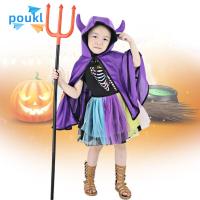 POUKL เด็ก วันเด็ก แม่มด เสื้อคลุมปาร์ตี้ฮาโลวีน อุปกรณ์ประกอบฉากคอสเพลย์ เสื้อคลุมปีศาจฮอร์น ชุดคอสเพลย์ เสื้อคลุมมีฮู้ด