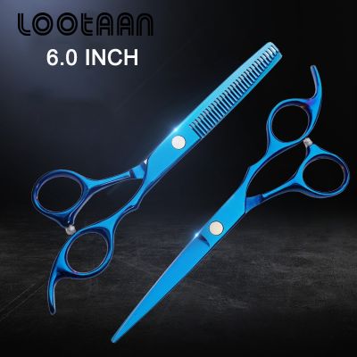 LOOTAAN 6 Inches Professional Hairdressing Scissors Blue Stainless Steel Barber Tooth Scissors Flat Scissors Salon Hair Shears