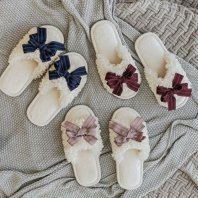 Winter plush slippers female fashion lady web celebrity bowknot girl heart a word fluffy slippers to keep warm home drag