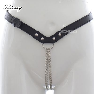 Thierry Adjustable Black female Leather Chastity Belt Thong with open the Chain crotch panty Bondage sex products for Women