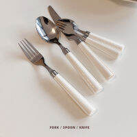 Flatware ชุดสแตนเลสพลาสติกหนังเนื้อจับมีดครัวชุดภาชนะ