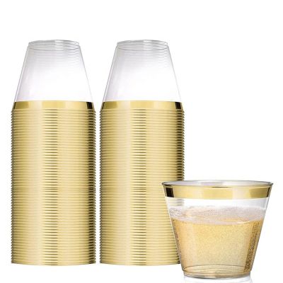 Golden Plastic Cup 9 oz Hard Disposable Cup Plastic Wine Glass Party Wedding Wine Glass Transparent Plastic Cup With Gold Rim