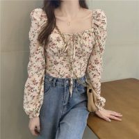 ◈◇™ 54671 Short Chic Top Women French Floral Square Neck Puff Long Sleeve Shirt