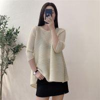 2023 Hot Miyake pleated spring and summer loose large size slimming temperament fat girl three-quarter sleeve top T-shirt western style