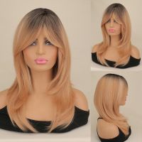 [COD] A variety of multi-color optional full headgear gradient gold black brown hot medium-length straight hair curly tail wig natural