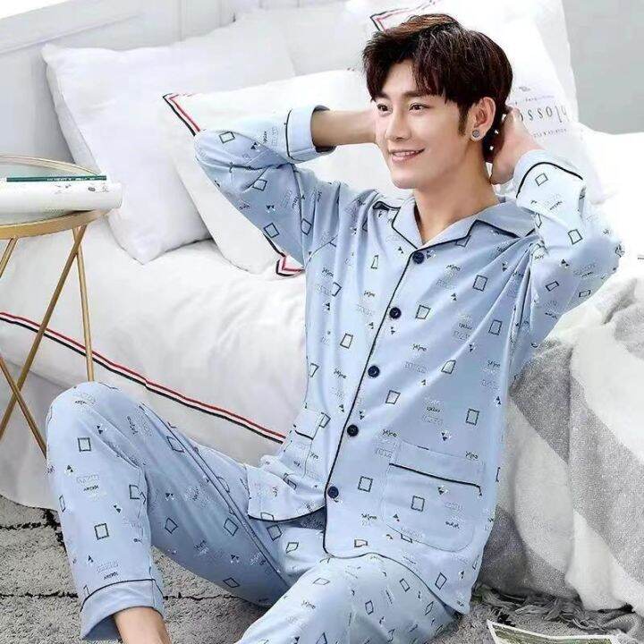 muji-high-quality-pajamas-mens-pure-cotton-long-sleeved-middle-aged-and-old-youth-spring-and-autumn-winter-cardigan-lapel-large-size-mens-pajamas-home-clothes-set