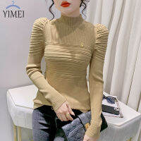 YIMEI 2023เสื้อแฟชั่นแขนพองคอสูงยอดนิยมสำหรับผู้หญิงเสื้อสเวตเตอร์สีกากีดีไซน์ฤดูใบไม้ร่วงและฤดูหนาวเสื้อสเวตเตอร์แขนยาวสีกากี