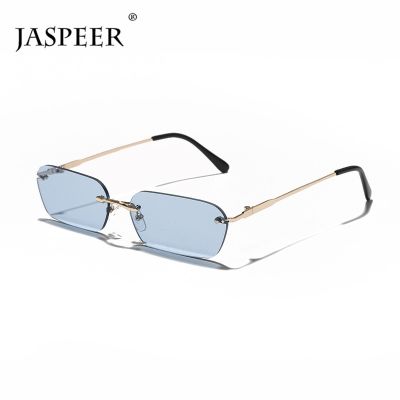 JASPEER Rimless Rectangle Sunglasses Women UV400 Driving Sun Glasses Men Clear Color Summer Accessories Square Small Size