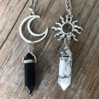 New Black White Hexagonal Column Natural Stone Vintage Silver Color Sun Moon Pendant Necklace for Women Men Couple Lover Gifts