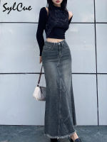 Sylcue R Classic All-Match Vitality Casual Commuter Outing Tight Sexy White Irregular WomenS Long Denim Skirt Girl Cool