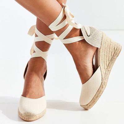Womens Espadrille Ankle Strap Sandals Comfortable Lace Up Ladies Woman Casual Shoes on Heels Dancing Flax Wedges Pumps