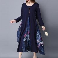 ZANZEA Spring Womens Floral Print Chiffon Splice Elegant Cotton Linen Long Sleeve Kaftan Party Long Dress Tunic M-