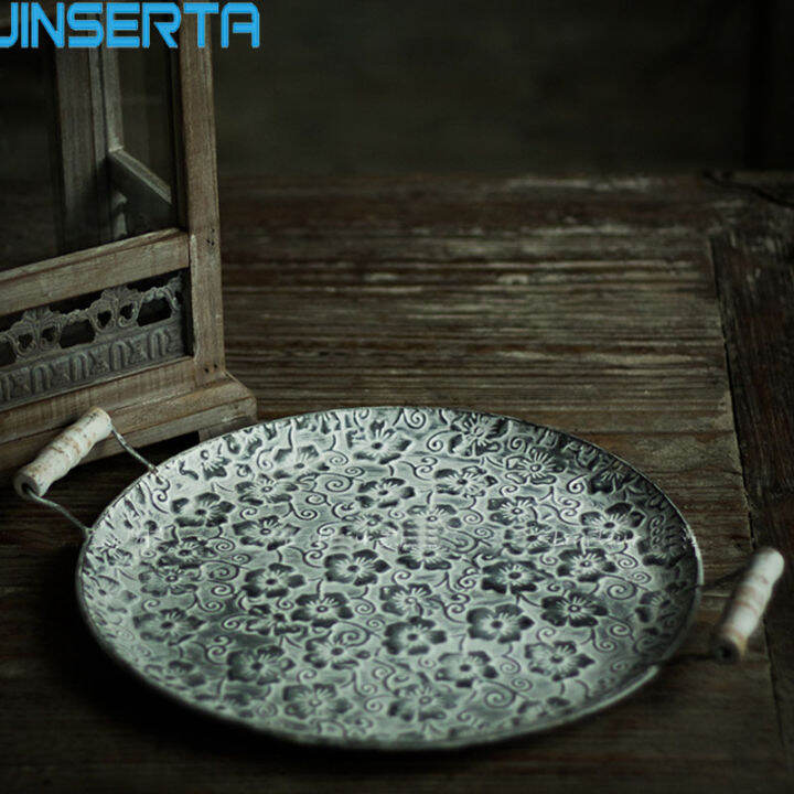 jinserta-handcrafted-round-flat-metal-plate-retro-dessert-cake-bread-plate-decorative-antique-serving-tray-with-handles