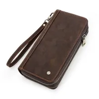 ContactS Genuine Leather Mens Wallet Clutch Bag Card Holder Long Wallets Double Zipper Large Capacity Vintage Male Purses