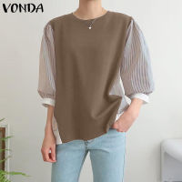 VONDA เสื้อยืดเสื้อยืดคอกลมแขนพองเย็บลายทางลำลองสำหรับผู้หญิงเสื้อแขน3/4ทรงหลวมแฟชั่น (ลำลองเกาหลี)