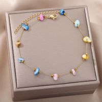 ﹍ Stainless Steel Natural Resin Stone Anklets for Women Enamel Round Leg Chain Anklets Bracelet Summer Beach Foot Jewelry Gift