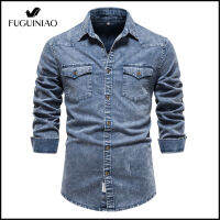 FUGUINIAO ผู้ชายผ้าฝ้าย Denim เสื้อลำลองกระเป๋าคู่สีทึบ Slim คุณภาพฤดูใบไม้ร่วงผู้ชายเสื้อ