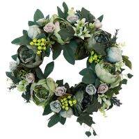 Peony Wreath Summer Wreath 13Inch Artificial Rose Floral Twig Silk Lvy Wall Decoration for Front Door with Green Leaves