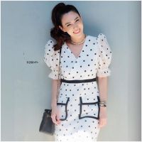 B11290 เดรสคอวีแขนตุ๊กตา ผ้าไหมอิตาลี่แต่งลายจุดเหลี่ยม  V-neck dress with doll sleeves Italian silk with square polka dots