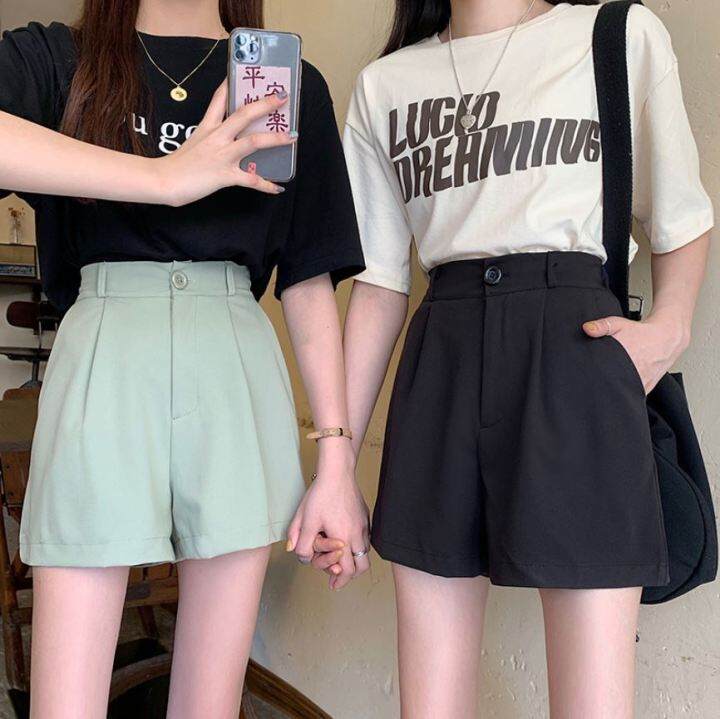 พร้อมส่ง-ล้างสต๊อก-fashion-shorts-กางเกงขาสั้นแฟชั่น-5610-กางเกงสีพื้น-เอวสูง-สม็อคหลัง-ทรงหลวม-วินเทจ