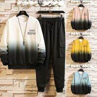 Spring Autumn Mens Sets Kpop Style Streetwear Gradient Long sleeve pullover+Casual Elastic Waist Solid Trousers Mens clothing