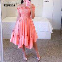 【hot】✴❉۞  Ladies Tube Top Shoulder Color Short Sleeves Asymmetric Ruffled Dresses