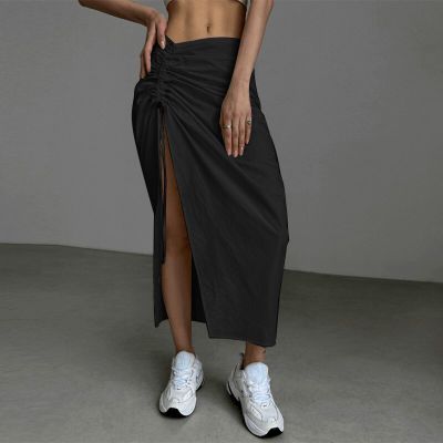 ‘；’ Korean Style Drawstring Split Long Skirt Casual Folds Low Rise Midi For Women Summer Streetwear Harajuku Loose Fit