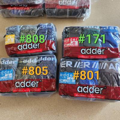 👨กางเกงในชาย Adder #P801#P805 #P171 #P808 แพ็คถุงซิบ 3 ตัว/คละสี เนื้อผ้า Cotton ขอบโชว์ ขอบยาง(F/L/XL)