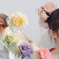 ✸◎﹊ 3 Pcs Luxuriant Artificial Peony Hairpin Set Classic Vintage Pearl Disk Hair Colorful Silk Flower Hairgrip Hanfu Headdress