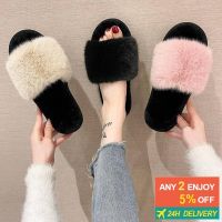 ۩㍿✶ Furry Solid Color Flat Slippers Home Casual Rabbit Fur Cotton