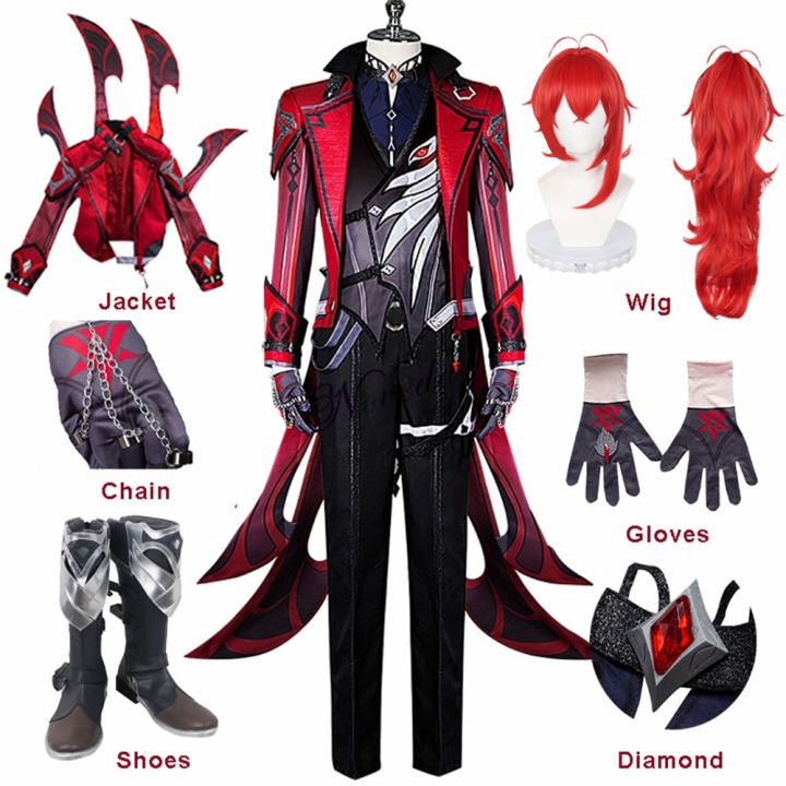 Game Genshin Impact Diluc Red Dead Of Night Cosplay Costume Wig Shoes ...