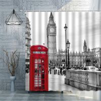 ₪ London Big Ben Red Telephone Booth Retro Bathroom Shower Curtain Waterproof Polyester Fabric Home Decoration Art Bath Curtains