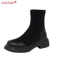 AOKANG รองเท้าบูทผู้หญิงแบบสั้น,แฟชั่นใหม่ Sepatu BOOT Pendek ส้นหนาบางย้อนยุคอเนกประสงค์