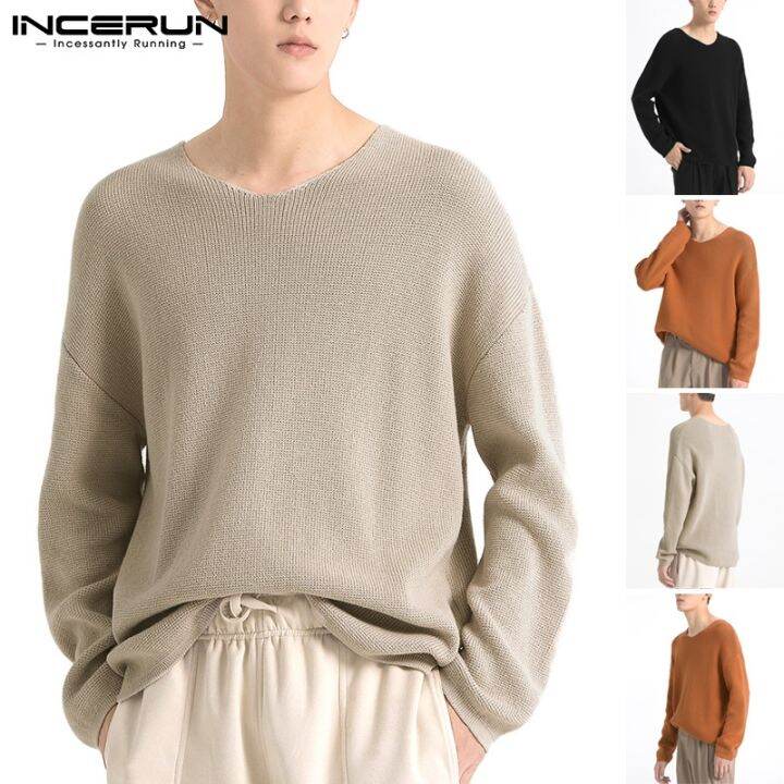 incerun-เสื้อท็อปคอกลมแขนยาวผ้าถักสีพื้นสําหรับผู้ชาย