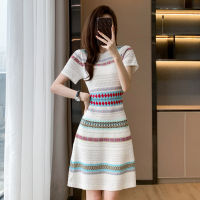 ร้อน, ร้อน★Missliu Fashion Womens Light Luxury Small Fragrance Dress Summer New High-End Elegant Striped Ice Silk Knitted Short Sleeve Skirt