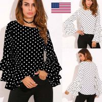 Bell Sleeve Loose Polka Dot Shirt Ladies Plus Size Casual Blouse Elegant O-Neck Flounce Long Sleeve Tops