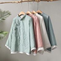 [COD] embroidered buckle linen womens 2022 spring new Chinese style tea service loose splicing round neck top