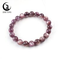 สร้อยข้อมือ Lepidolite สีม่วงธรรมชาติสร้อยข้อมือลูกปัดหินกลมอัญมณียืดได้กำไลยืดหยุ่นได้เครื่องประดับข้อมือสตรี18.5ซม.