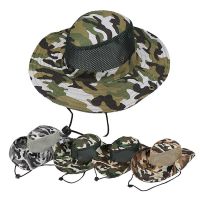 [hot]Camouflage Bucket Hat Army Green Sun Protection Fishing Hat Breathable Wide Brim Hat Chin Strap Summer Hiking Camping