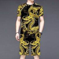 【Hot Sale】 Mens casual sports suit summer short-sleeved T-shirt Korean style brand dragon plus size two-piece set