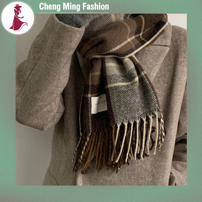 Cheng Ming ผ้าพันคอแคชเมียร์เทียมพู่ลายสก็อตแสนหวานสำหรับ Kado Ulang Tahun ผ้าพันคอฤดูหนาวของผู้หญิง