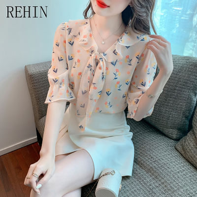 REHIN เสื้อผู้หญิงแขนสั้นเสื้อชีฟองลายดอกไม้,ฤดูร้อนแฟชั่นเสื้อนางฟ้าแต่งระบายสง่างามฉบับภาษาเกาหลี