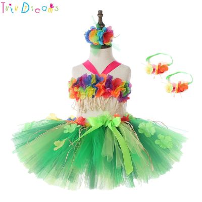 Kids Girls Lafite Flower Hawaii Ballet Dance Dress with Bracelet Summer Spring Child Beach Vacation Photo Prop Outfit Clothes