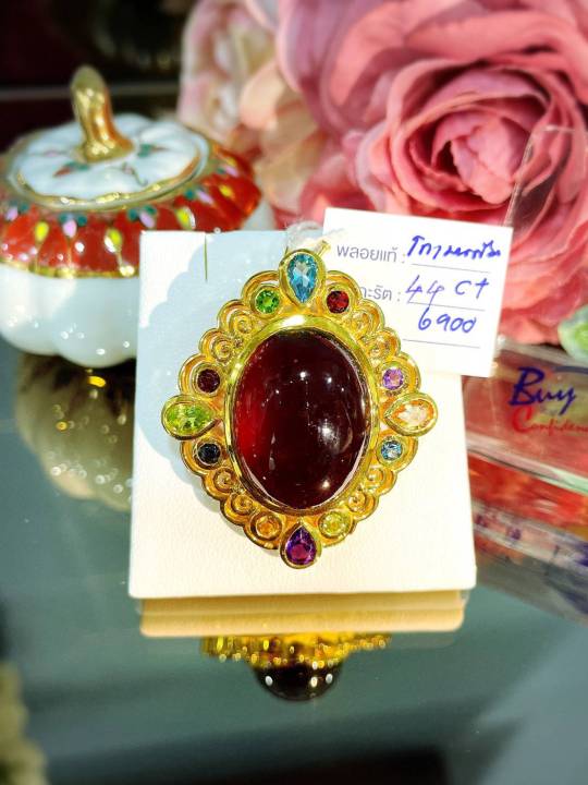 rare-gems-orange-garnet-จี้เข็มกลัดโกเมนสีส้ม-หายาก-44-กะรัต-ล้อมพลอยแท้-นพเก้า-เรือนเงินชุบทอง